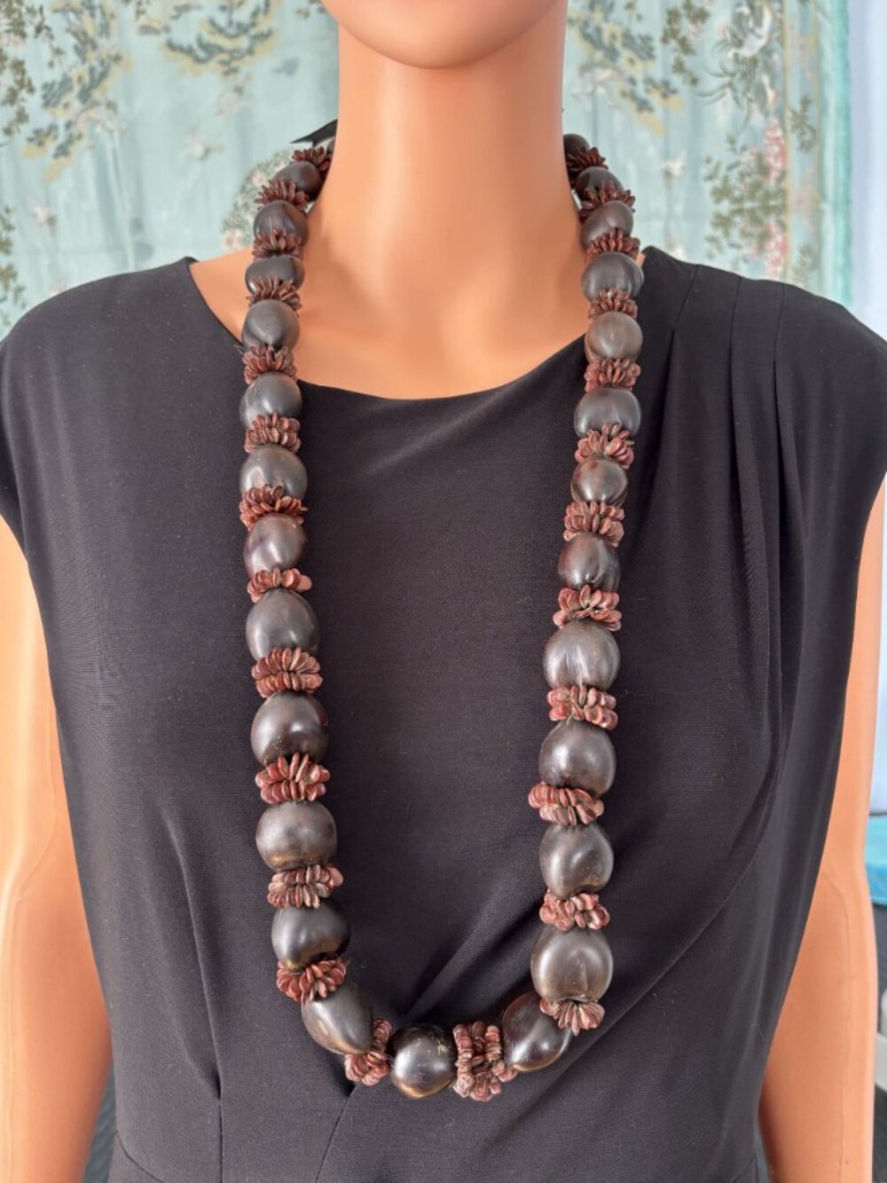 Vintage Hawaiian Lei Kukui Nut And Seeds Necklace With Ribbon Closure, Hand-Made - Picture 2 of 16